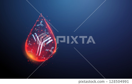 Antibodies inside blood drop. Immunology, serological testing, diagnostics, immune system, monoclonal therapy, biotechnology medicine concept. Low poly style 128504991