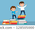 children standing on stacks of books, concept of intellectual growth 128505000