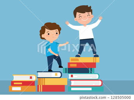 children standing on stacks of books, concept of intellectual growth 128505000