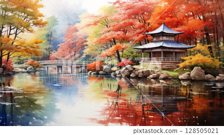 Serene watercolor artwork capturing the serene ambiance of a Japanese garden during the fall season. 128505021