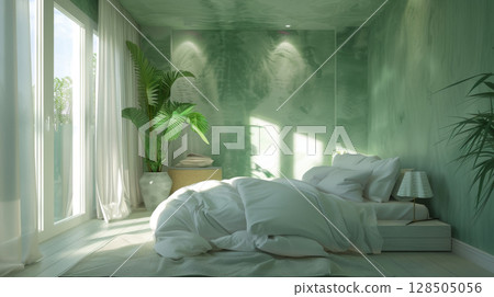 A bedroom with a minimalist approach, featuring organic materials in a green and white palette A bedroom with a minimalist approach, featuring organic materials in a green and white palette 128505056