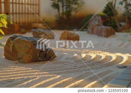 The art of Zen garden, close-up of bamboo within a serene Japanese garden, complemented by rocks and white sand The art of Zen garden, close-up of bamboo within a serene Japanese garden, complemented by rocks and white sand 128505100