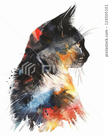 Cat figure designed with a flower pattern, watercolor style illustration Cat figure designed with a flower pattern, watercolor style illustration 128505101