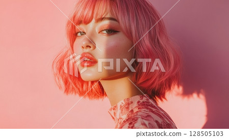 pink hair model portrait sunlit beauty shot 128505103