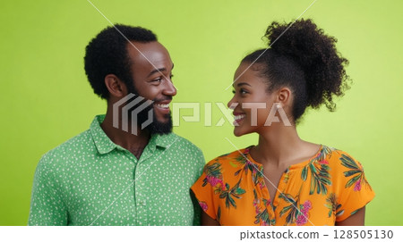 happy couple in love smiling at each other 128505130