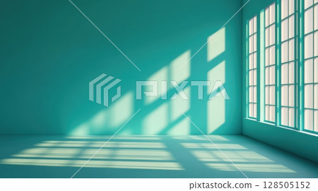 minimalist teal room with sunlight streaming through large windo 128505152
