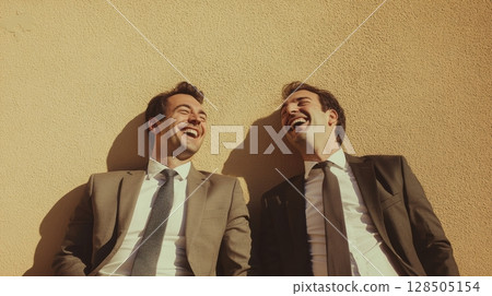 two businessmen laughing against wall 128505154