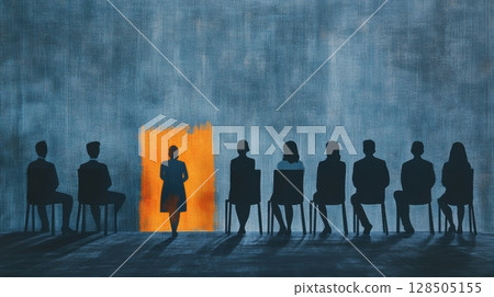woman standing before a panel of interviewers 128505155