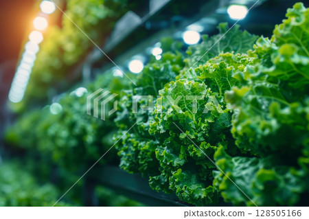 Sustainable vertical agriculture, lettuce growing in a controlled environment, eco-friendly farming concept Sustainable vertical agriculture, lettuce growing in a controlled environment, eco-friendly farming concept 128505166
