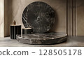 Contemporary podium stand in minimal style with luxurious sleek cream and black marble, sophisticated product display 128505178