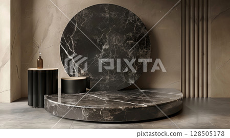 Contemporary podium stand in minimal style with luxurious sleek cream and black marble, sophisticated product display 128505178