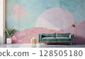 A living room with a pastel color with minimal patterns wall and a velvet couch, minimal interior design 128505180