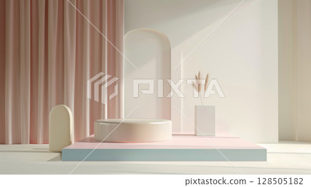 Chic and stylish podium stand, with minimal style and pastel color, for presenting cosmetic product Chic and stylish podium stand, with minimal style and pastel color, for presenting cosmetic product 128505182