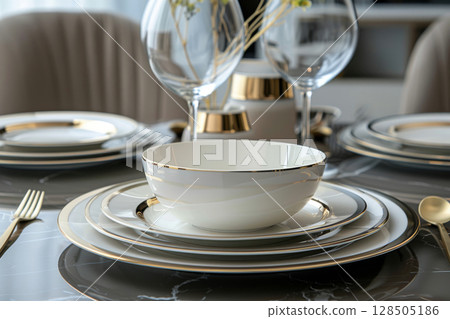 Tableware set with minimalist aesthetics, featuring sleek lines and premium finishes gold accents, luxury dining 128505186