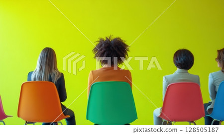 women sitting in colorful chairs against yellow wall women sitting in colorful chairs against yellow wall 128505187