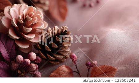 Blush toned pinecones on a soft background with leaves 128505241