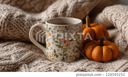 Cozy autumn scene with floral mug and pumpkins 128505252