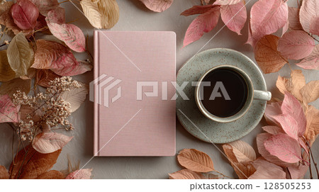 Cozy autumn still life with notebook and coffee 128505253