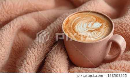 Cozy coffee in a ceramic mug with creamy foam 128505255