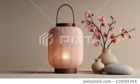 Peaceful lantern and floral decor in a calming interior 128505268