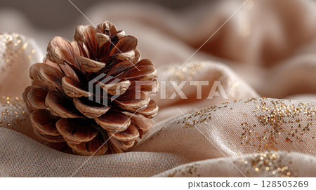 Pinecone on cream linen with gold dust 128505269
