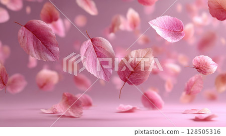 Pink toned fall leaves scattered mid air 128505316