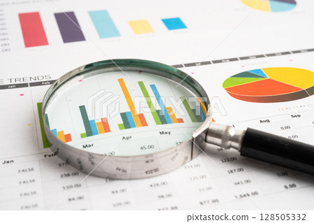 Magnifying glass on charts graphs paper. Financial development, Banking Account, Statistic, Investment Analytic research data economy. 128505332