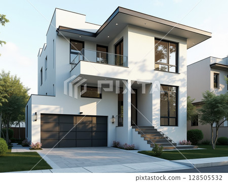 Modern suburban white building with geometric shapes 128505532