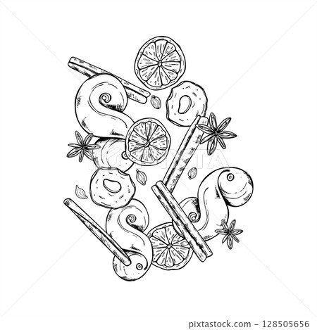Flying Christmas spices, dried fruit slice and saffron bun black and white vector illustration. Cinnamon stick, orange and apple slices, anise, cardamom, traditional Swedish lussekatt graphic sketch. 128505656