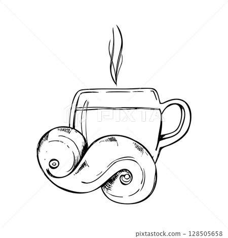 Steaming hot drink in mug with traditional Swedish saffron bun monochrome vector illustration painted. Cozy winter concept. Lussekatt pastry and beverage sketch for Scandinavian Christmas theme. 128505658