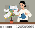 A schoolgirl waters a pot with a plant growing books 128505665