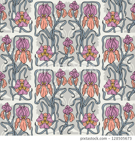 Art nouveau style hand drawn line art pink iris flowers seamless pattern on beige background 128505673