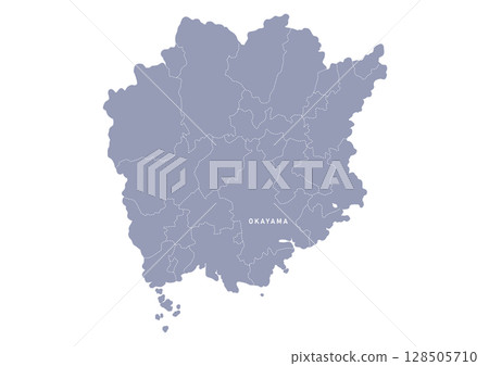 Map of Okayama prefecture in gray with administrative divisions 128505710