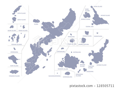 Map of Okinawa prefecture with administrative divisions in grey (English) 128505711