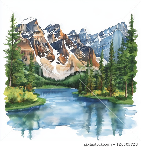 Banff National Park. Banff National Park hand drawn watercolor illustration 128505728