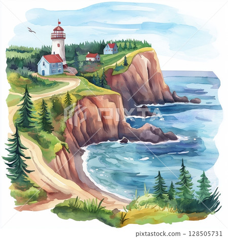 Bay of Fundy. Bay of Fundy hand drawn watercolor illustration 128505731