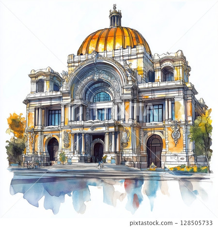 Bellas Artes Palace. Bellas Artes Palace hand drawn watercolor illustration 128505733