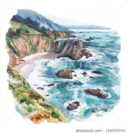 Big Sur Coastline. Big Sur Coastline hand drawn watercolor illustration 128505734