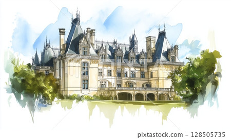 Biltmore Estate. Biltmore Estate hand drawn watercolor illustration 128505735