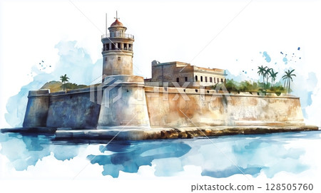 Castillo de los Tres Reyes Magos del Morro. Castillo de los Tres Reyes Magos del Morro hand drawn watercolor illustration Castillo de los Tres Reyes Magos del Morro. Castillo de los Tres Reyes Magos del Morro hand drawn watercolor illustration 128505760
