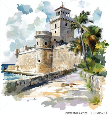 Castillo de los Tres Reyes Magos del Morro. Castillo de los Tres Reyes Magos del Morro hand drawn watercolor illustration 128505761