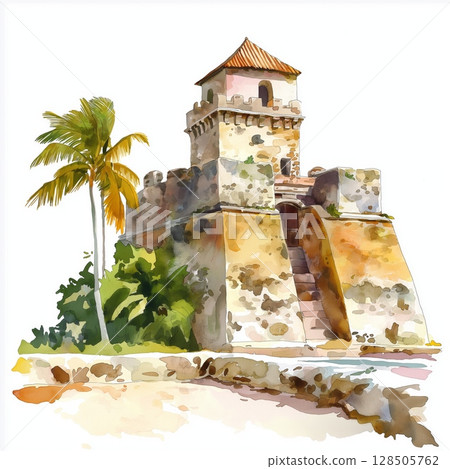 Castillo de San Felipe. Castillo de San Felipe hand drawn watercolor illustration 128505762