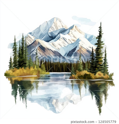 Denali National Park. Denali National Park hand drawn watercolor illustration 128505779
