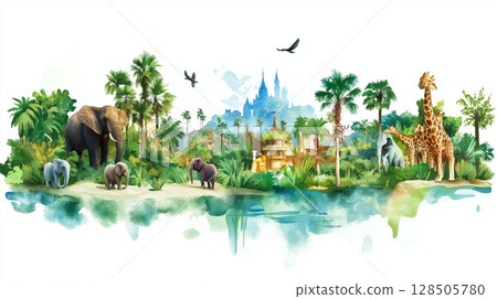 Disney Animal Kingdom. Disneys Animal Kingdom hand drawn watercolor illustration 128505780