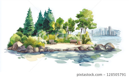 Stanley Park. Stanley Park hand drawn watercolor illustration Stanley Park. Stanley Park hand drawn watercolor illustration 128505791