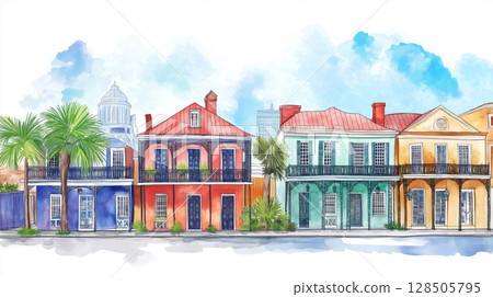 The French Quarter. The French Quarter hand drawn watercolor illustration The French Quarter. The French Quarter hand drawn watercolor illustration 128505795