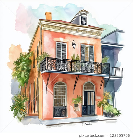 The French Quarter. The French Quarter hand drawn watercolor illustration The French Quarter. The French Quarter hand drawn watercolor illustration 128505796