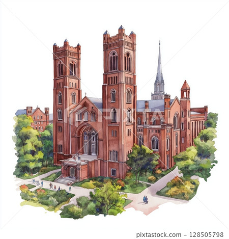 The Smithsonian Institution. The Smithsonian Institution hand drawn watercolor illustration 128505798