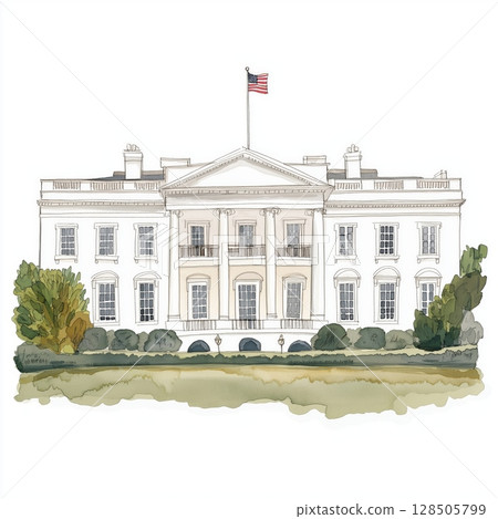 The White House. The White House hand drawn watercolor illustration The White House. The White House hand drawn watercolor illustration 128505799