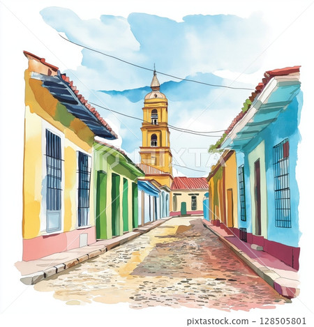 Trinidad Old Town. Trinidad Old Town hand drawn watercolor illustration Trinidad Old Town. Trinidad Old Town hand drawn watercolor illustration 128505801